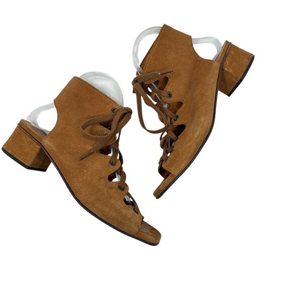 Chie Mihara Lace-Up Sandals Block Heel Suede Tan Brown Size 38.5 US 8.5 - Picture 5 of 16